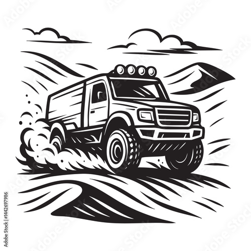 Desert rally truck speeding over sand dunes vector logo illustration