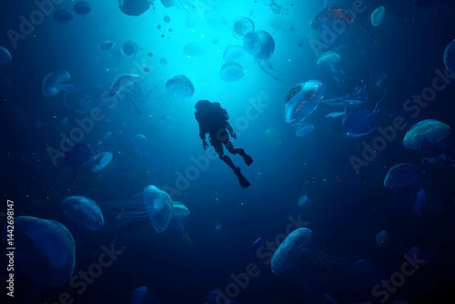 Deep ocean dive with glowing jellyfish, tranquil and emotional underwater moment