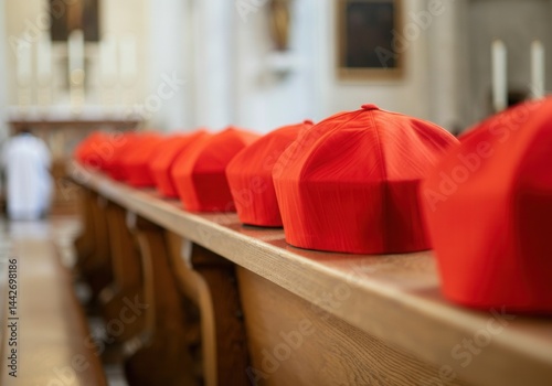 Obraz na płótnie Row of red birettas (cardinals' hats) on oak bench symbolizing patience and expectation during papal conclave w salonie