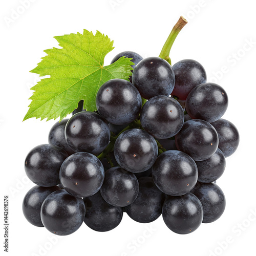 Fresh Dark Purple Grapes with Green Leaf Isolated on White Background – Juicy Organic Black Grapes Ideal for Wine Production, Healthy Diet, and Food Design Projects