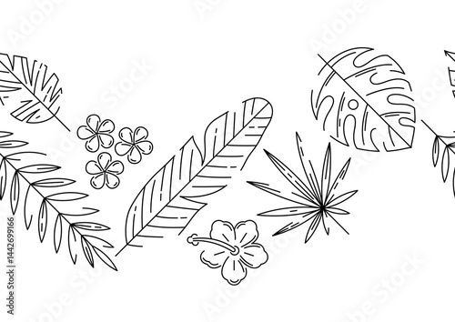 Pattern with stylized palm leaves. Decorative image of tropical foliage and plants.