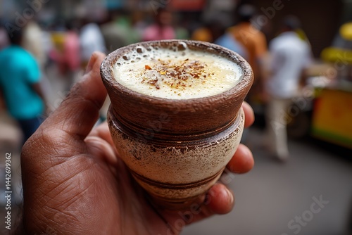 Indian masala chaas, a spiced buttermilk served in a traditional clay cup, sipped on the bustling streets of Kolkata, offering a cooling respite during the hot summer months.  photo