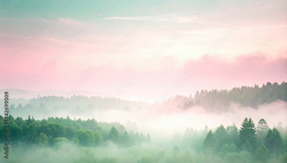 Obraz premium Serene morning mist landscape forested hills aerial photography tranquil nature scene soft light dreamy atmosphere