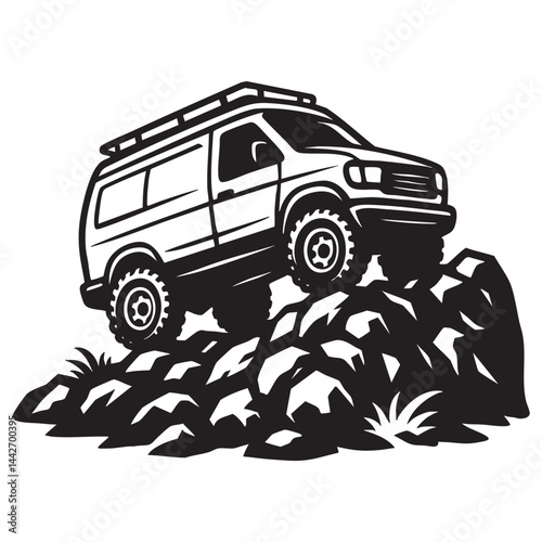Off-road van climbing steep rocky slope vector logo illustration