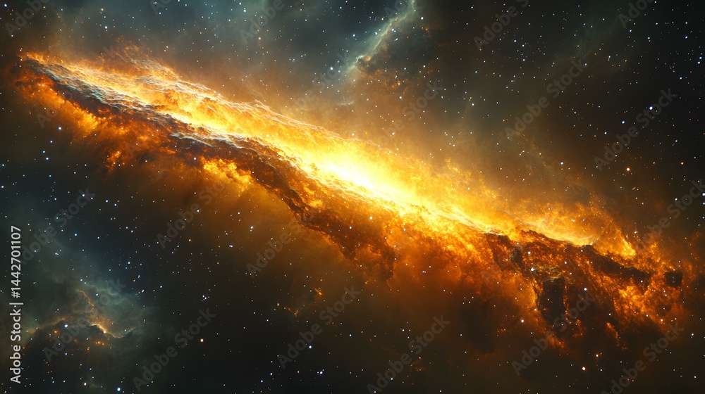 Fototapeta premium Vivid cosmic nebula with vibrant orange gas and dust clouds in deep space among distant stars creates a celestial glow