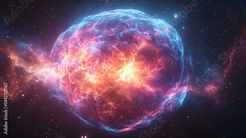 Fiery cosmos explosion shows bright, round nebula with red glow and blue outer layer in starry deep space