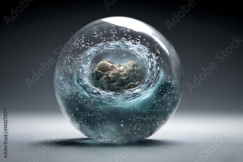 A fetus inside an ocean bubble, symbolizing life's origin and the world's womb.