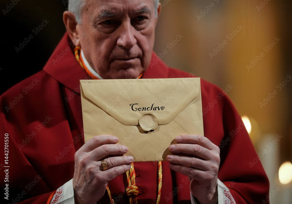 Senior cardinal holding sealed conclave envelope with reverent hands in warm candlelit setting during papal election