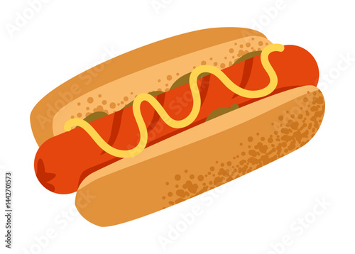 Grilled hotdog with toppings. Fast food ads, summer barbecue scenes, or street food visuals. Mustard, ketchup, and picnic elements. Flat vector illustration.