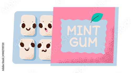 A cute pack of gum. Chewing gum with smiling faces. Cute vector of a dentist's tool and dental care items for a healthy smile.