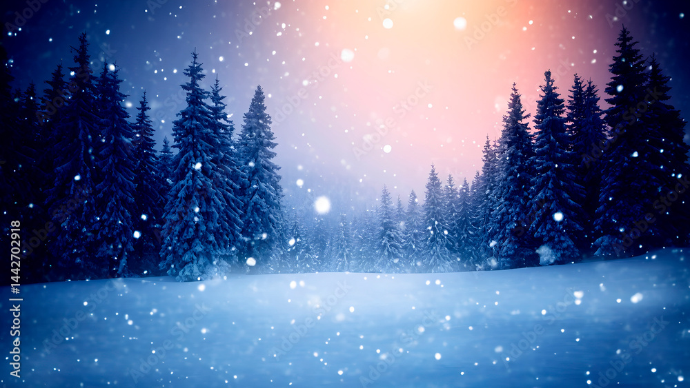 Magical winter forest at sunset with falling snowflakes, glowing orange light, snowy pine trees, serene landscape, Christmas atmosphere, peaceful nature, dreamy cold season background. Generative Ai Magical winter forest at sunset with falling snowflakes, glowing orange light, snowy pine trees, serene landscape, Christmas atmosphere, peaceful nature, dreamy cold season background. Generative Ai