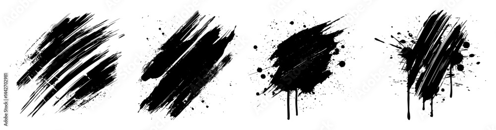 ink brush strokes and splatters black grunge vector set