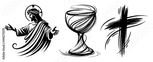 jesus chalice and cross black ink spiritual sketch set