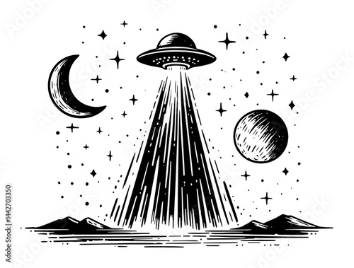 ufo spaceship abduction scene black ink cosmic sketch