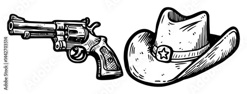 cowboy hat and revolver vintage western sketch