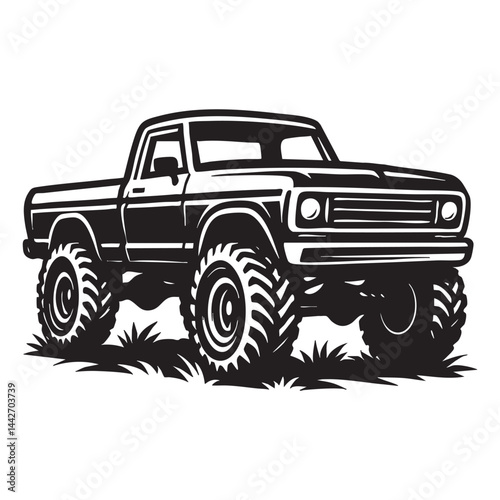 Classic pickup truck with big tires vector logo illustration