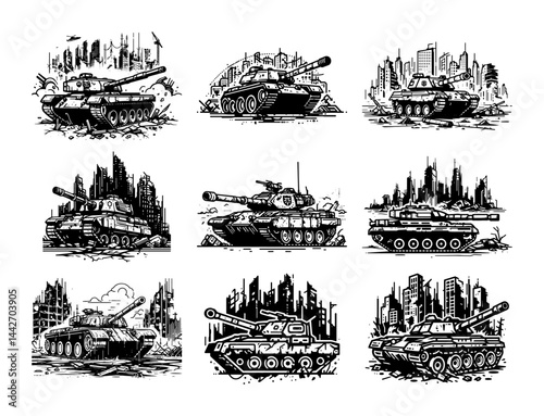 post apocalyptic tanks in ruined city black ink vector set