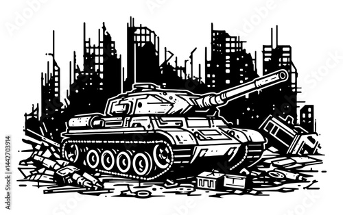 tank in destroyed city post apocalyptic black ink vector