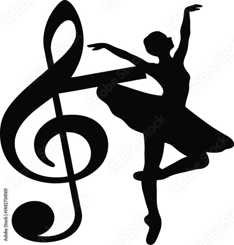 Ballerina Dancing with Music: Graceful Ballet Silhouette and Treble Clef