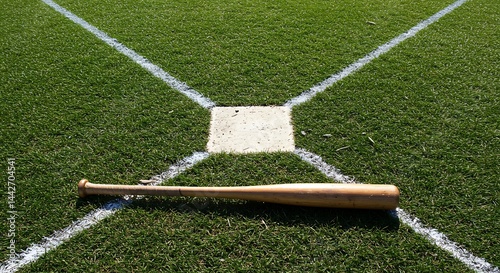 Baseball Bat Lying on Field with Home Plate and Foul Lines