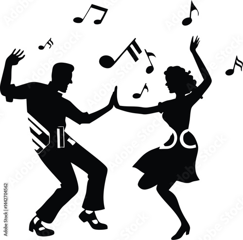 Jive Dance Fun: Energetic Couple Dancing to Music Notes Silhouette