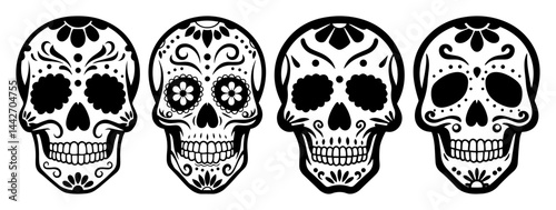 sugar skull set black vector illustration for dia de los muertos