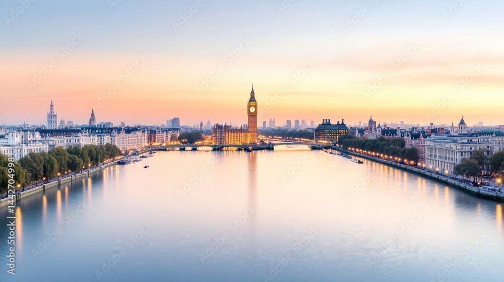 London Skyline River Thames Panoramic View High-Resolution Soft Lighting Wide Angle Cityscape at Sunset Serene Peaceful Tones Ideal for Travel Brochures London Skyline River Thames Panoramic View High-Resolution Soft Lighting Wide Angle Cityscape at Sunset Serene Peaceful Tones Ideal for Travel Brochures