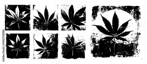 grunge cannabis leaf silhouette set black vector stamp textured graphic design