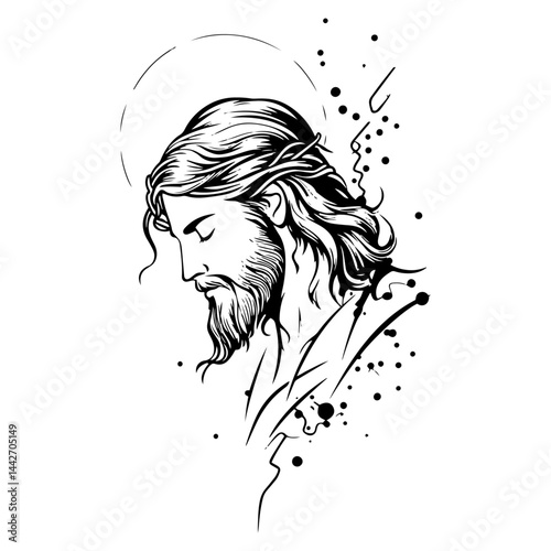 jesus christ portrait black silhouette vector halo tattoo line art illustration