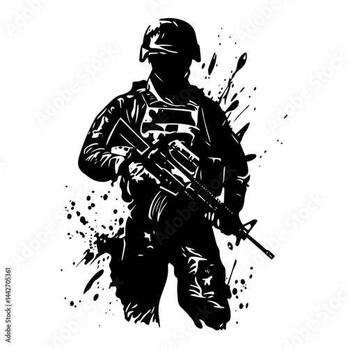 soldier with rifle black silhouette vector military ink splatter illustration