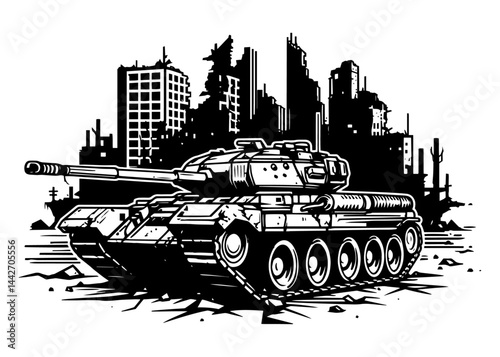 battle tank in destroyed city black silhouette vector military war illustration