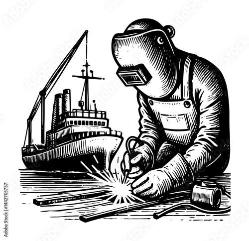 shipyard welder working scene black silhouette vintage engraving vector art