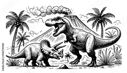 t rex and triceratops fighting black silhouette vintage engraving vector scene