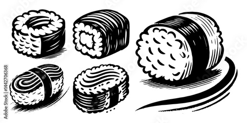 sushi silhouette set black japanese food brush style vector illustration