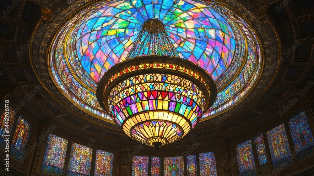 Obraz premium Stunning stained glass dome and chandelier. Ornate interior design
