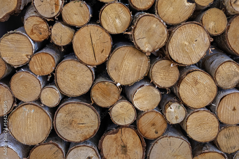 Fototapeta premium Wood logs neatly stacked for storage and future use in construction or woodworking projects