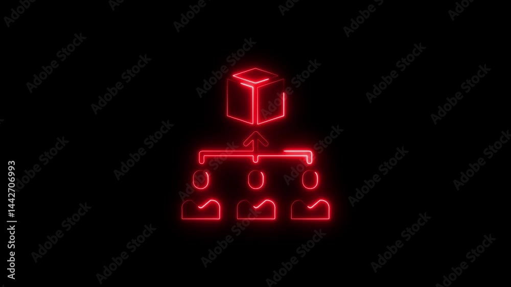 Red neon hierarchical structure team to product flow on black background