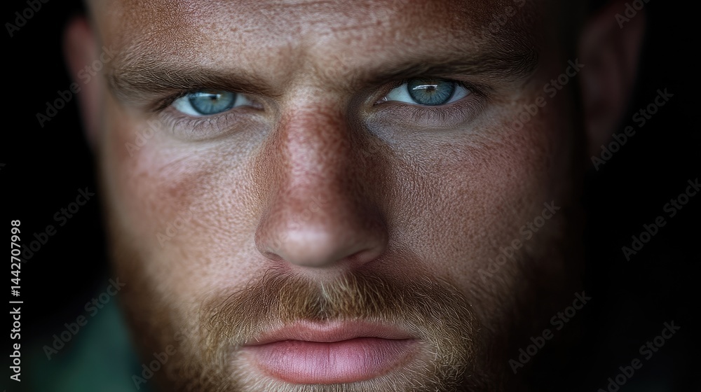 Close-up portrait of a man with intense gaze and a beard Close-up portrait of a man with intense gaze and a beard