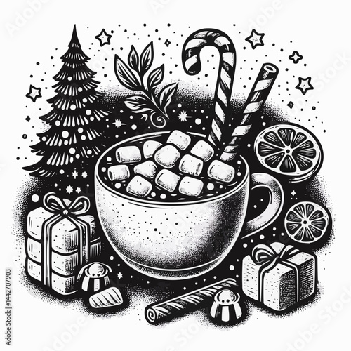 Illustration of a cozy hot chocolate with marshmallows and festive elements on a black background