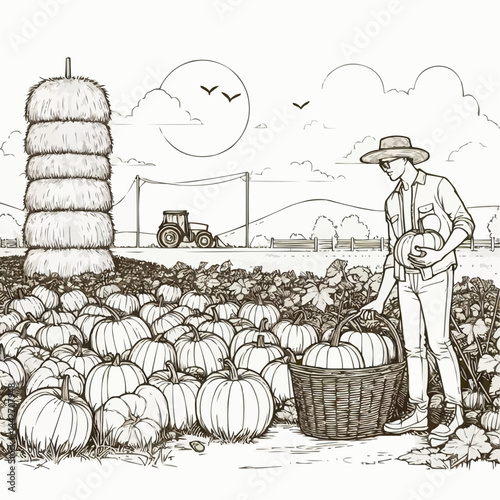 Farmer harvesting pumpkins in a field with haystack and tractor in a vintage illustration style