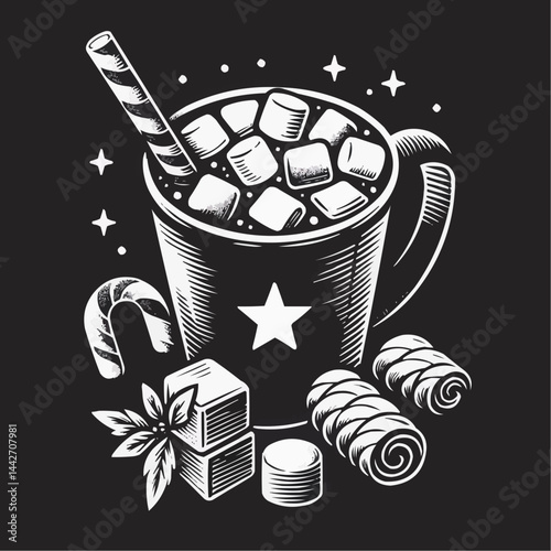 Warm hot chocolate drink with marshmallows and candy on a dark background in a vintage style
