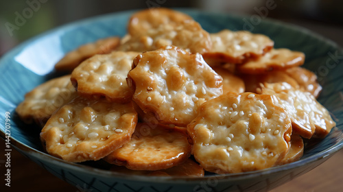 Japanese rice crackers with shiny soy glaze and sesame seeds served in blue bowl, showcasing crispy texture and savory flavor perfect for snacking photo