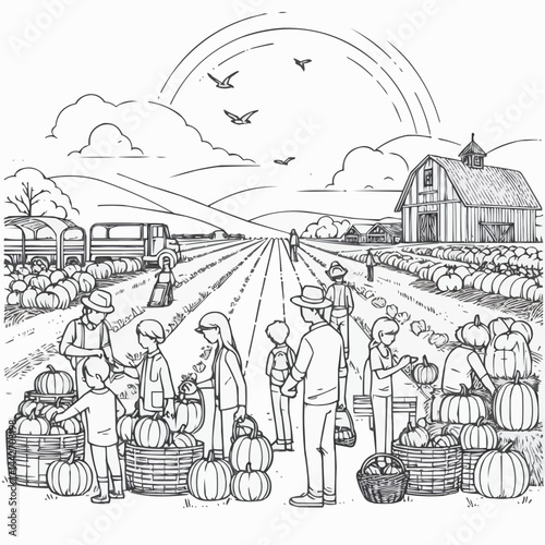 Line art illustration of a pumpkin harvest scene, people collecting pumpkins in a field