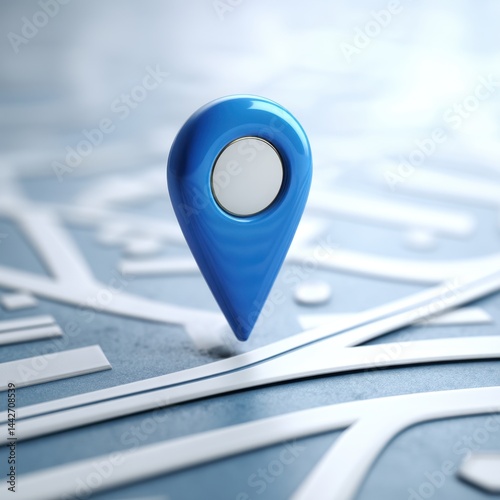 Blue 3D location pin on abstract map. Modern GPS technology visual, clean style, vibrant contrast. Great for app UI, wayfinding, or geospatial tools.
