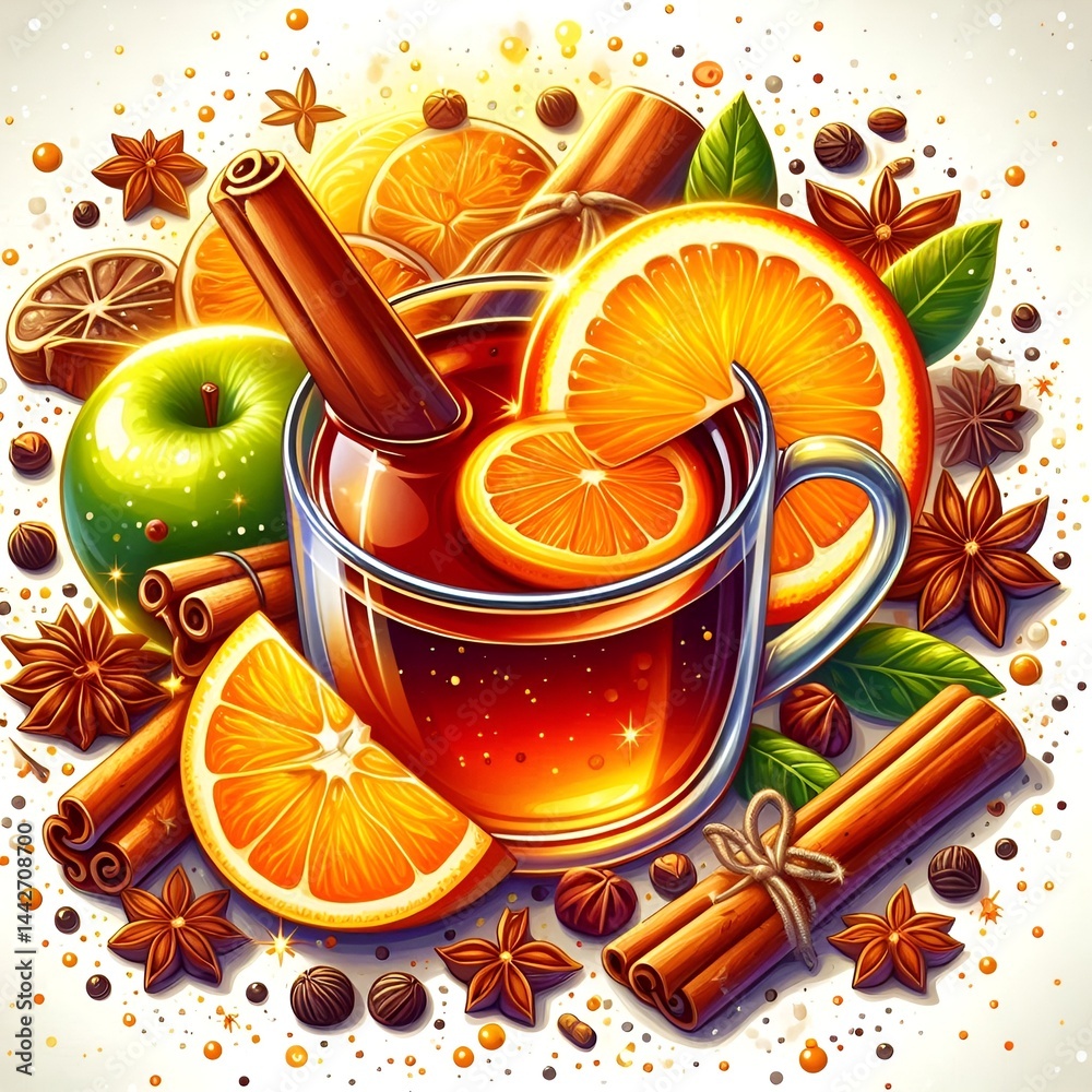 Immune-boosting spiced citrus drink, vibrant colors, garnished with fruits and spices