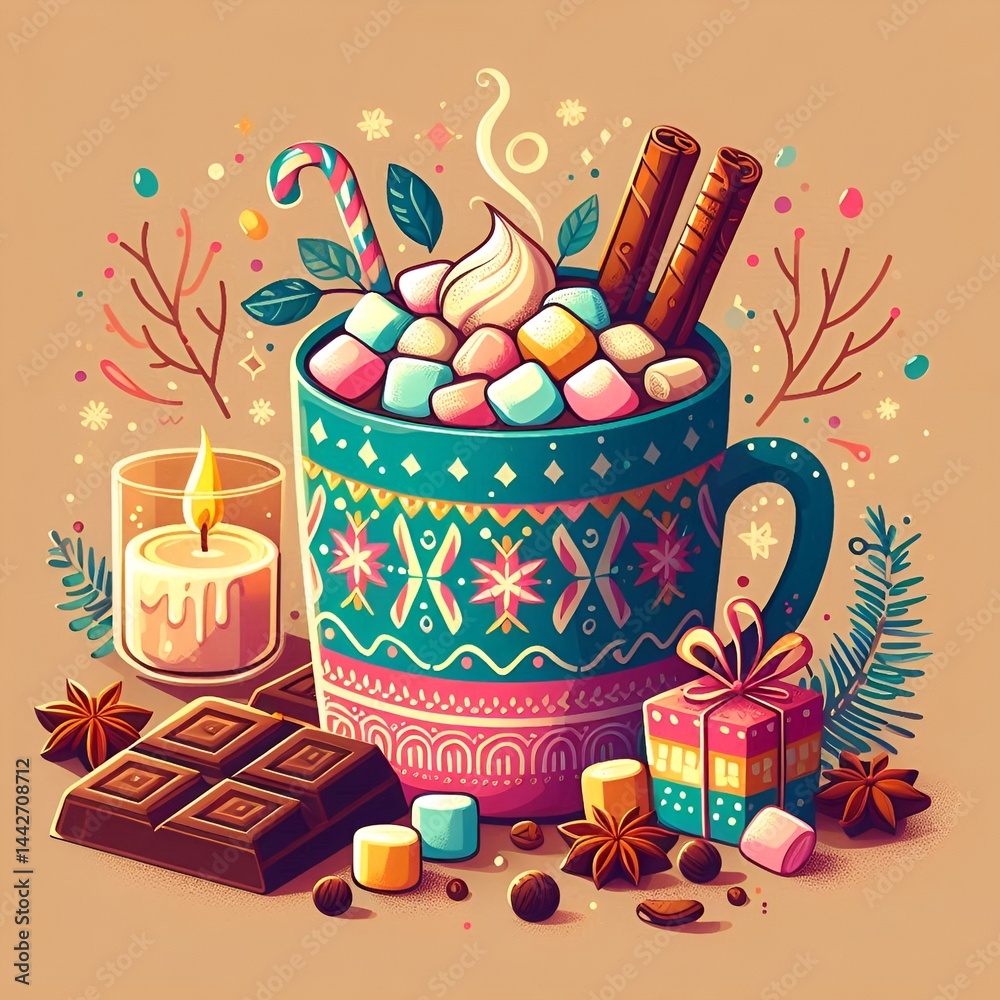 Cozy mug of hot chocolate with marshmallows, festive mood, surrounded by sweets and decorations
