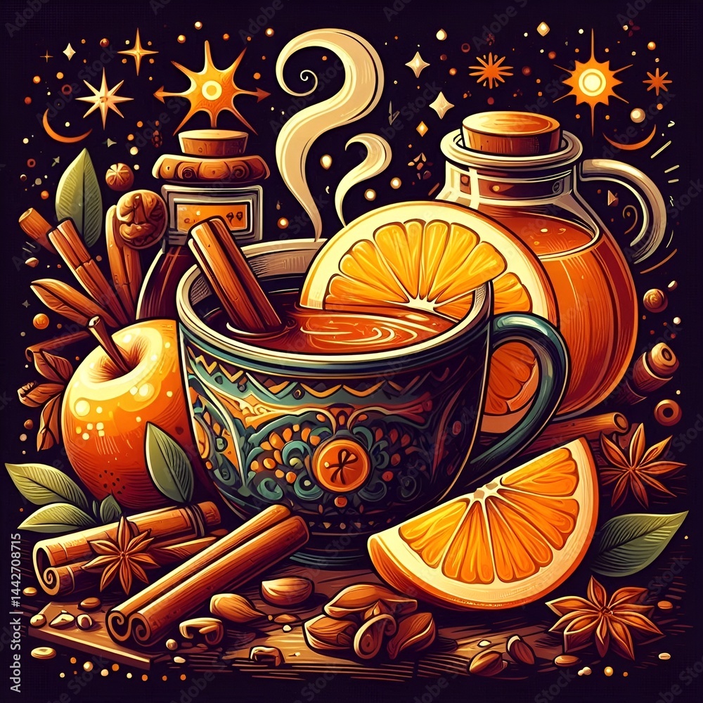 Vector illustration of spiced orange drink, warm ambiance, composed with fruits and spices