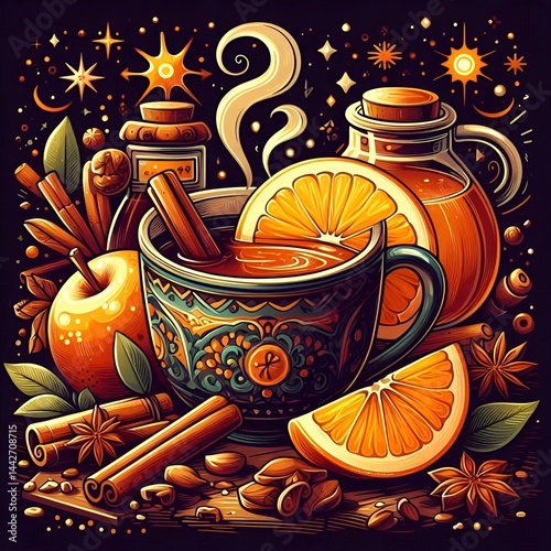 Obraz na płótnie Vector illustration of spiced orange drink, warm ambiance, composed with fruits and spices w salonie