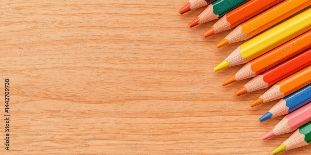 Obraz premium Colorful Pencils Arranged Diagonally on Warm Wood Background for Creative Projects