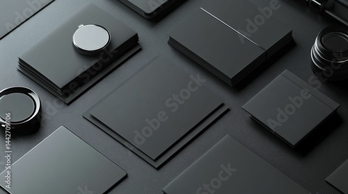 Geometric arrangement of dark gray squares and objects.